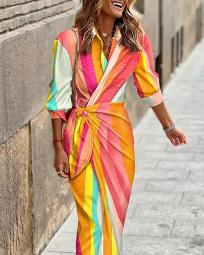 MW | Fashion V-Ausschnitt Gestreiftes Midikleid mit Schnürung