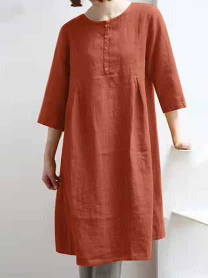 MW | Retro Baumwolle Leinen Solid plissiert halbe Ärmel Minikleid