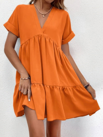 MW | Solid V-Ausschnitt Kurzarm-Minikleid