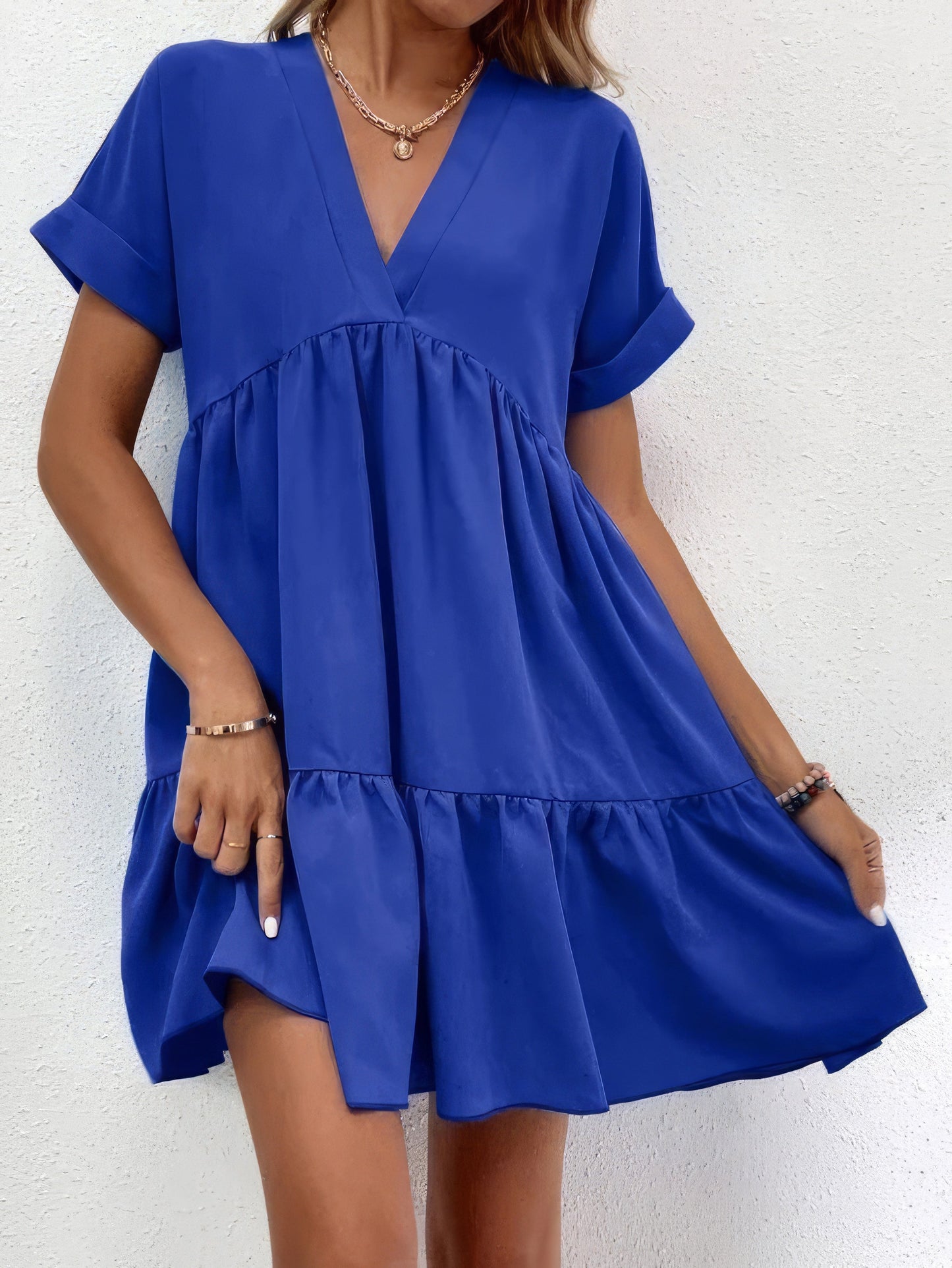 MW | Solid V-Ausschnitt Kurzarm-Minikleid