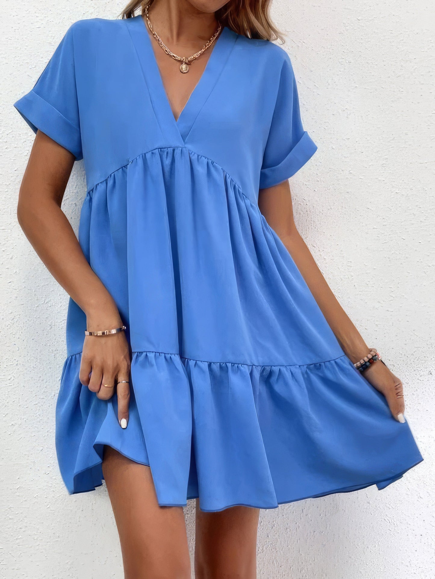 MW | Solid V-Ausschnitt Kurzarm-Minikleid