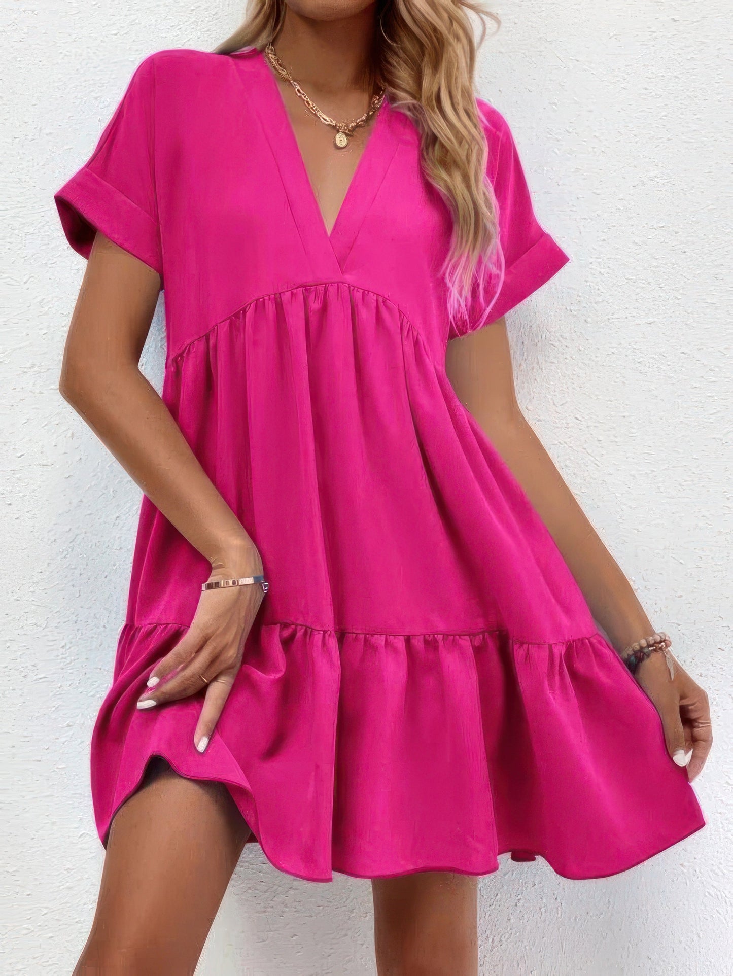 MW | Solid V-Ausschnitt Kurzarm-Minikleid